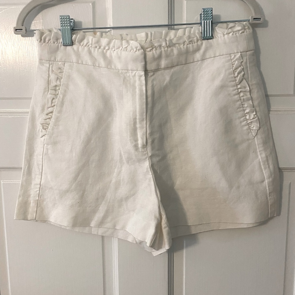 J. Crew linen blend high rise ruffle waist shorts white